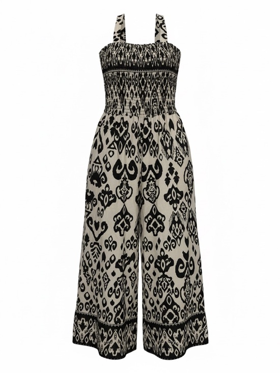 Lapogee Pants - Smocked Wide-Leg Jumpsuit in Black & Cream